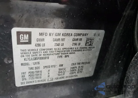 2015 Chevrolet Trax 1Lt из США, поврежденный, VIN KL7CJLSB5FB065818